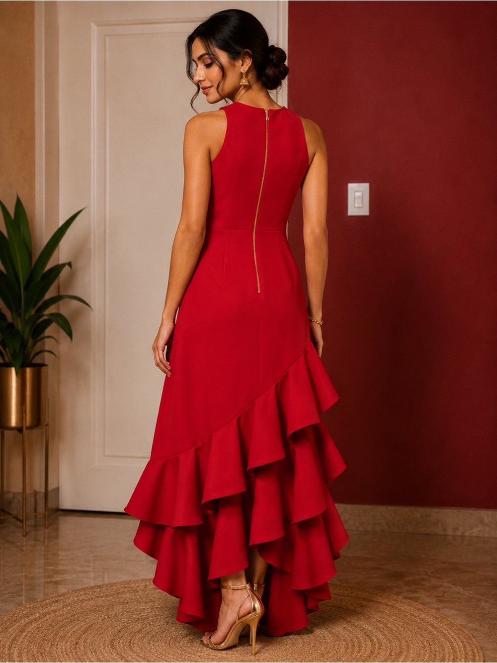 Adam Red High-Low Ruffle Halter Dress - Picture 2 of 3